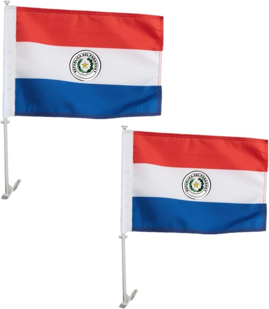 2 Pack Paraguay Car Flags 11" x 17" with Flagpole Mount,Premium 200D Polyester Paraguayan Car Flag,19" Flagpole Fixed Window Clip Mount for Most Vehicle Window.