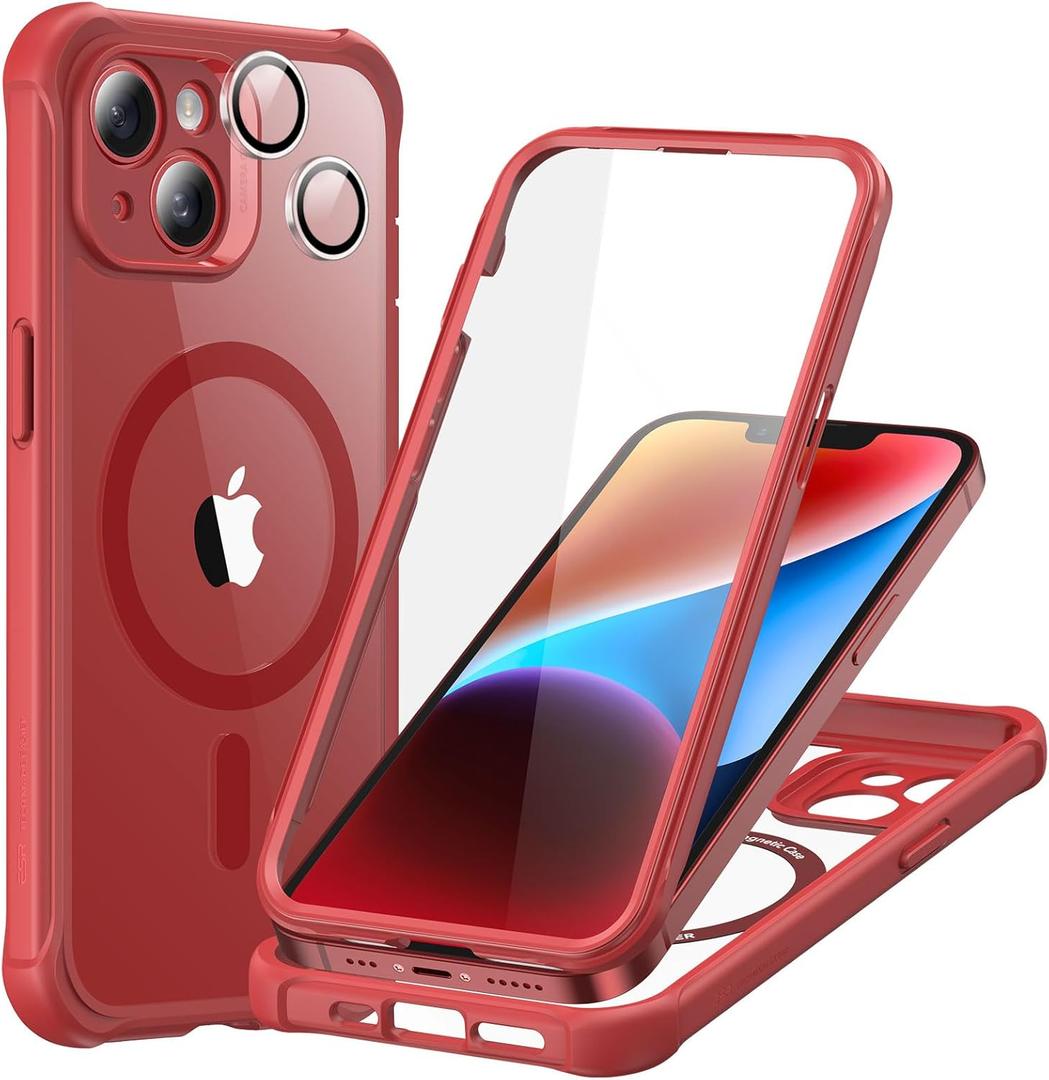 ESR for iPhone 14 Case, Compatible with MagSafe, Full-Body Military-Grade Drop Proof Case with Built-in 9H+ Tempered Glass Screen Protector, Armor Series, Clear Red