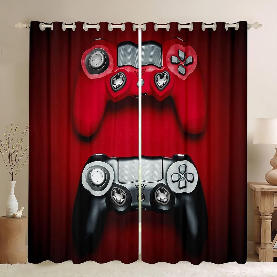 Feelyou Gamer Curtains Teens Boys Red Gaming Curtain for Bedroom Kids Video Game Thermal Insulated Window Treatment Drapes Grommet Gamepad Home Decor Curtains Set of 2 Panels 52W x 63L Inches (Multi 1)