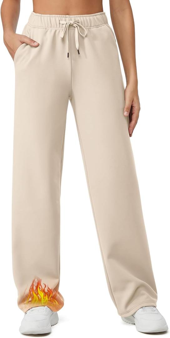 G4Free Fleece Lined Sweaterpants Women Elastic Drawstring Wide Leg Winter Trousers with Pockets for Casual Work (Medium, Light Khaki)