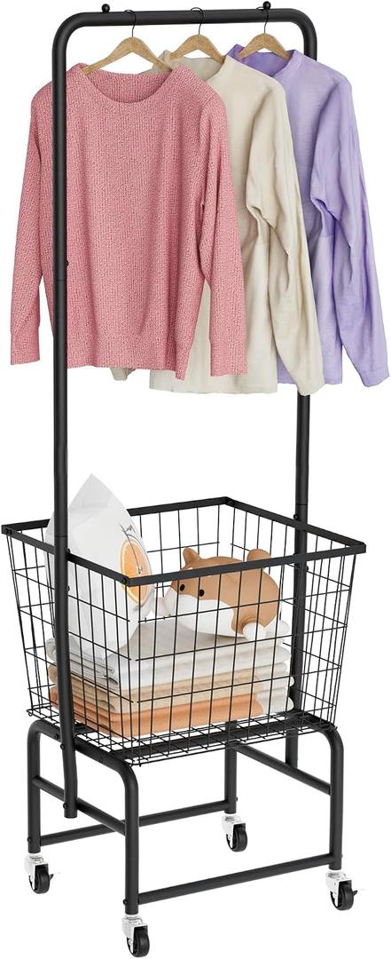Rolling Laundry Cart with Wheels, Extra Large Laundry Hamper Basket Organizer with Clothes Hanging Rack, Wire Storage Cloth Shelf Butler, Black, 23 x 19 x 2.73 inches