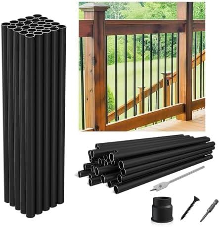 32"-50Pack Aluminum Deck Balusters Hollow Round Deck Railing Spindles Matte Coated Black for Wood and Composite Deck Indoor Outdoor