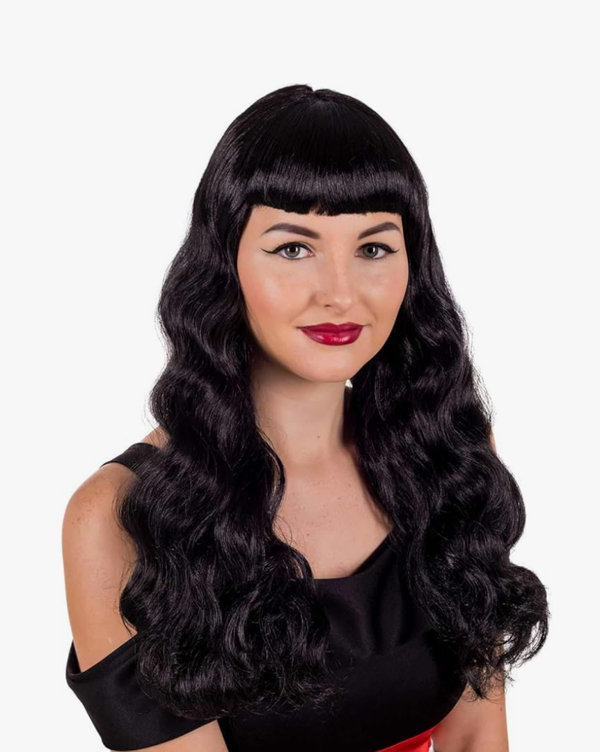 Womens 1950s Wig Retro Rock n Roll Vintage Long Black Wavy Hair Accessory One Size