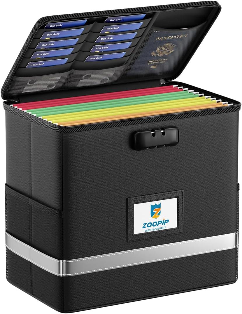 Fireproof File Box with Lock, Document Box Storage Organizer, Suitable for Hanging File Folders in Letter Size, Collapsible File Box, Reflective Strip for Fast Find (12.2"*6"*10.2, Black) (Small)