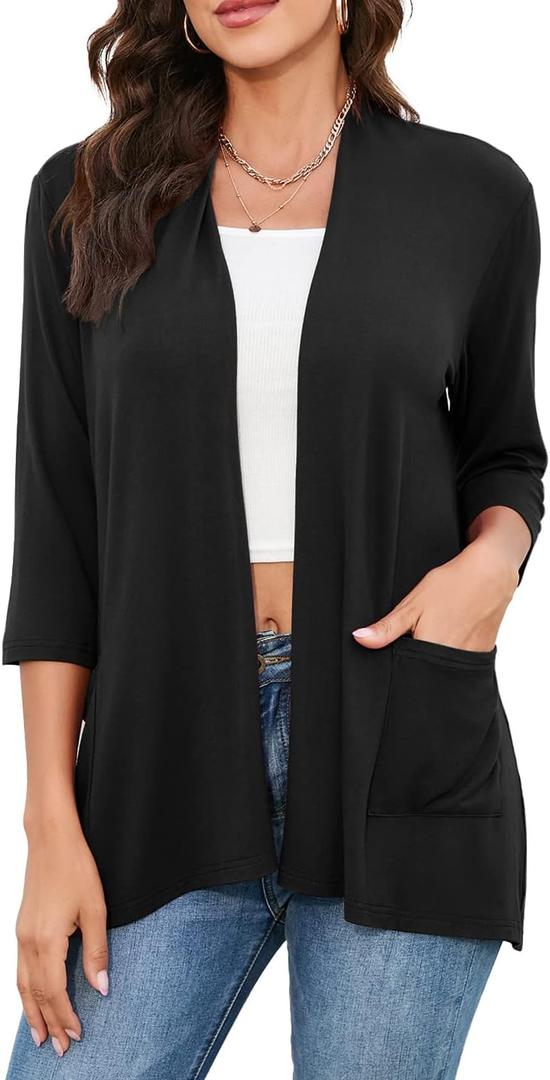 HIYIYEZI Womens Casual Lightweight Cardigans with Pockets 3/4 Sleeve Open Front Dusters (Large, A-01 Black)