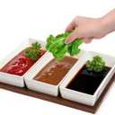 Elsjoy 3-Section Serving Tray, Wood Divided Serving Dish with Ceramic Bowls, 3-Compartment Food Platter Dipping Tray for Appetizer, Fruits, Bread