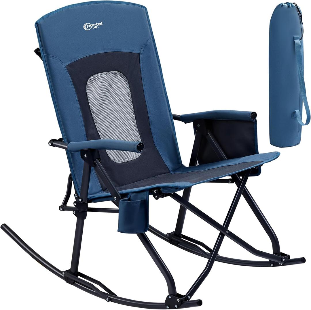 PORTAL Oversized Folding Rocking Camping Chair Portable Outdoor Rocker with High Back Hard Armrests Carry Bag, Supports 400 lbs, Mesh Back (M-blue)