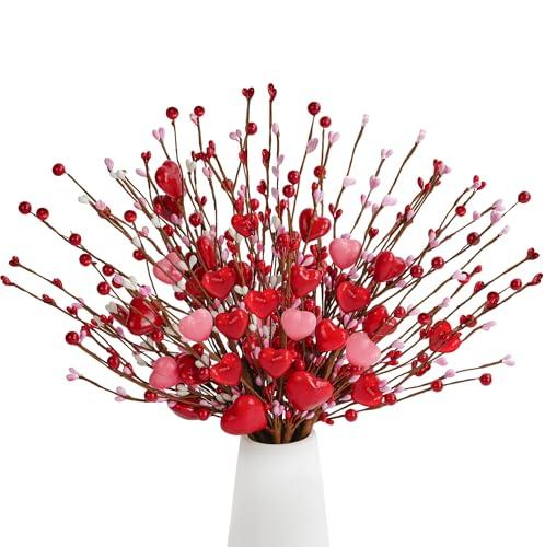 Childom Valentines Day Decorations,6 Pcs Artificial Flowers Heart Picks with Berries Red Pink Flowers for Valentines Day Tree Mothers Day Decorations for Home Office Room Table Anniversary Party Decor