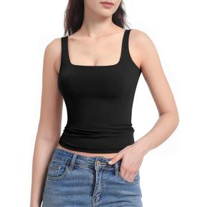 AURUZA Tank Tops for Women, Square Neck Tank Top Double Lined Basic Tops Sleeveless Workout Summer Shirts (X-Small, Black)