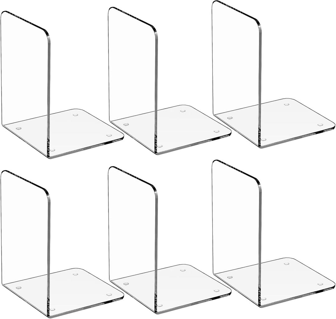 MaxGear Acrylic Bookends - Clear Decorative Heavy Duty Non-Skid Book Stoppers (6 Pieces, Large)