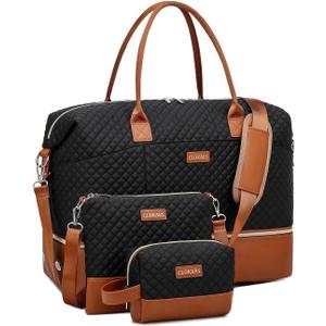 Travel Bag for Women, Weekender Bags Large Carry On Overnight Bag Duffel with Separate Shoes Compartment & Strap, Hospital Bags for Labor and Delivery, Black Brown (Medium)