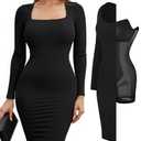 Popilush Dress Womens Long Sleeve Midi Bodycon Square Neck Dresses Shapewear Tummy Control Built-in Bra Party Going Out XXL