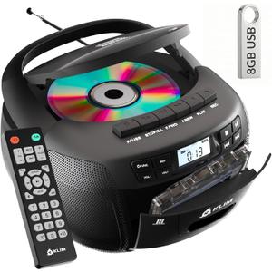 KLIM CD Player & Cassette Tape Player with Case, Bluetooth Boombox, AM/FM Radio, Stereo Sound, Remote, CD and Cassette Combo, Tape Recording, USB Drive, AUX, AC/DC Powered