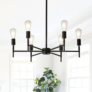 NILSE Black Chandelier, 6-Light Dining Room Chandelier Rotatable Bulb Socket Industrial Vintage Ceiling Light Fixture 24-Inch, Height Adjustable Pendant Light for Kitchen Island Living Dining Room