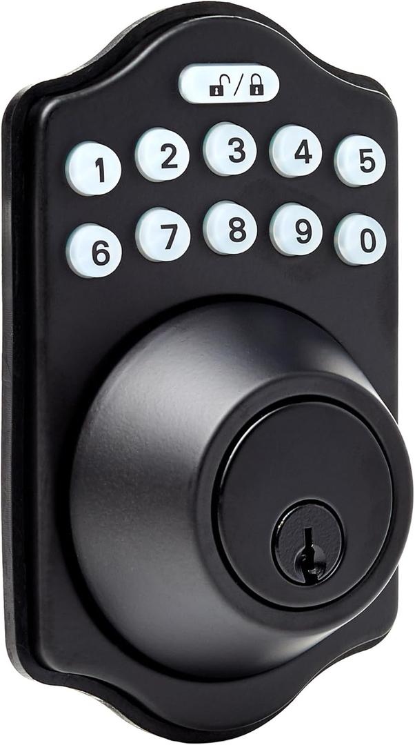 Amazon Basics Electronic Keypad Deadbolt Door Lock with Auto Lock, Touch-Control Keyless Entry, Customizable User Codes, Traditional Design, Matte Black, 1-Pack
