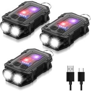3 Pcs Mini EDC Flashlight Rechargeable Small Keychain Flashlight with White Red Blue Light, 800 High Lumens Pocket USB C LED COB Portable Flash Lights with Clip and Magnet, 8 Modes