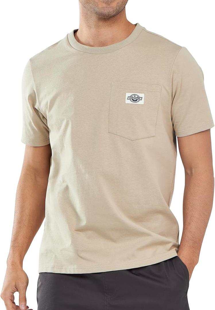 NORTHYARD Men's Cotton Work Shirt Heavyweight Crew Neck Short Sleeve T-Shirts Relaxed Fit Outdoor Wear with Chest Pocket DERSERT XL