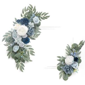 Ling's Moment 2pcs Artificial Welcome Sign Swag Wedding Arch Flowers Decorations Floral Eucalyptus Willow Garland Dusty Blue & Navy Rose Ceremony Party Reception Easel Door Wall Home Entryway Outdoor