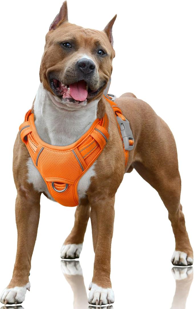 BARKBAY No Pull Dog Harness Large Reflective Dog Harness with Front Clip and Easy Control Handle for Walking Training Running with ID tag Pocket (Orange,Large)