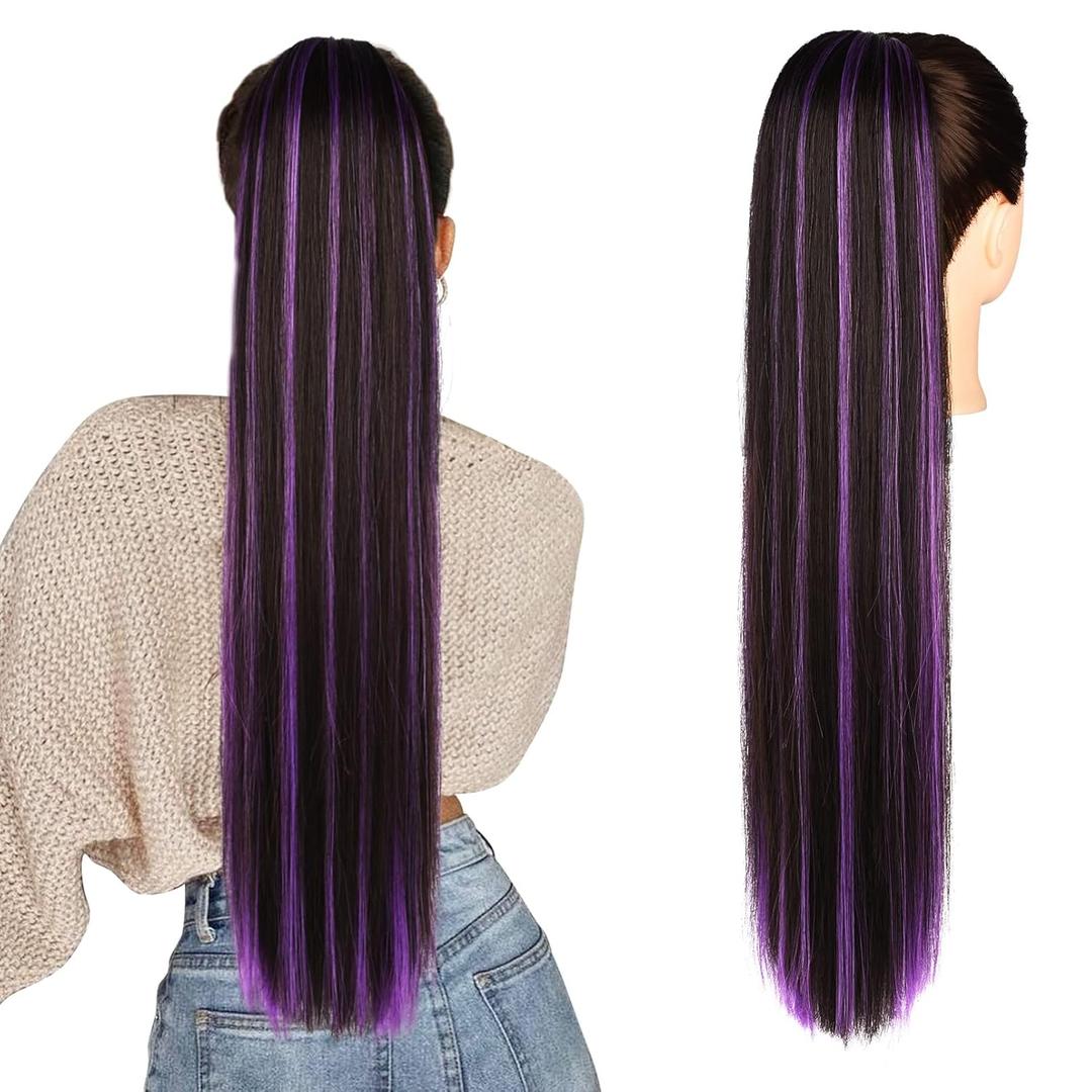 SEIKEA Ponytail Extensions Drawstring Long Straight Fake Pony Tail Natural Soft Clip in Hair Extension Synthetic Heat Resistant Hairpiece 28 Inch Black Brown with Purple Highlights (28 Inch 155G (Pack of 1))