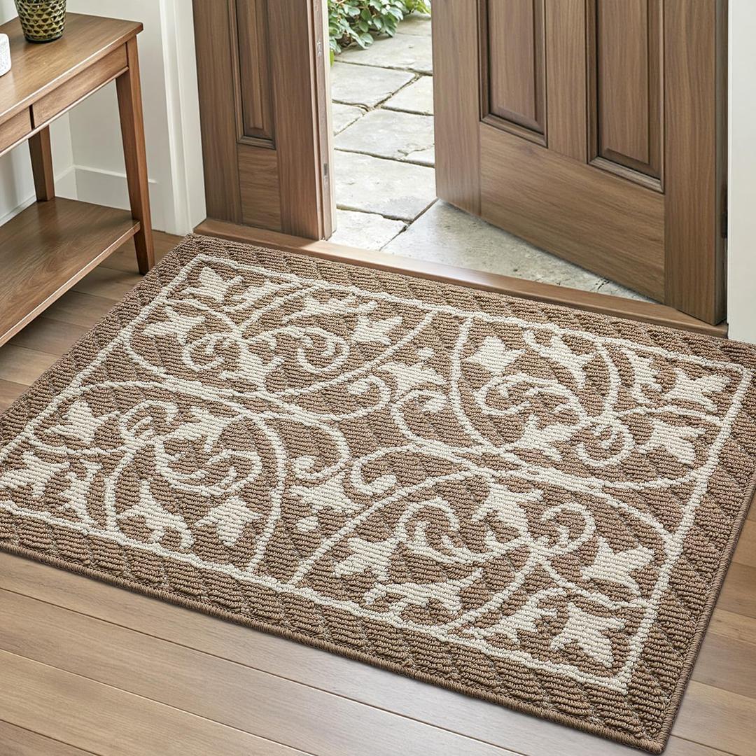 DEXI Front Door Mat Indoor Entryway, Inside Welcome Entrance Doormat Low Profile Thin, Non Slip Washable Entry Mats for House Floor Dirt Trapper, 32x48, Brown