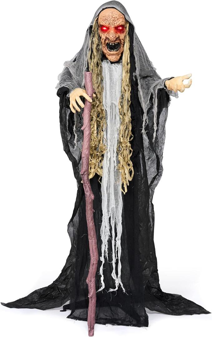 JOYIN 62” Halloween Decorations Outdoor Animatronics Standing Hunchback Witch with Light Creepy Sound Decor, Radar Motion Activated Scary Haunted House Prop for Yard Lawn Garden Outside Indoor