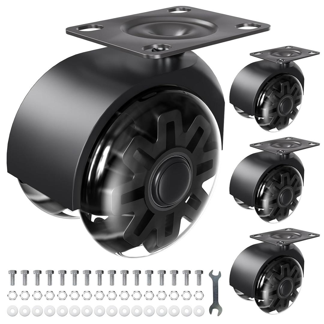 Heavy Duty Plate Casters - No Noise Polyurethane (Pu) WheelsLoad 800lbs360 Swivel Replacement Casters Set of 4 for FurnitureCabinetCartTable, Toolbox (Black, 2 inch)