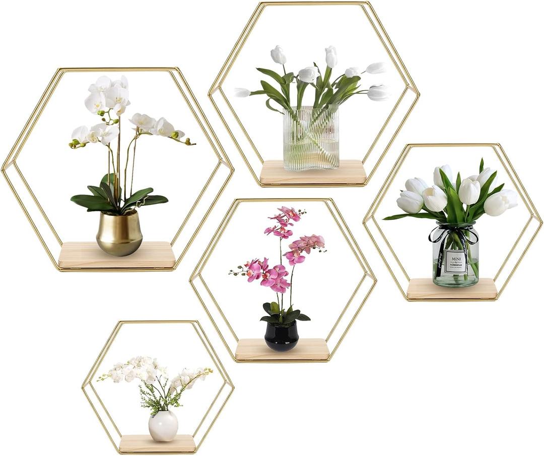 Wall Mounted Hexagonal Floating Shelves Set of 5 in Different Sizes, Modern Metal Shelf, Simple Wood Partition Storage Shelves, Gold Decor Rack for Bedroom, Living Room, Kitchen and Office