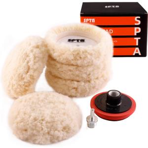 SPTA Wool Polishing Pad, 5Pcs 3"(75mm) 100% Natural Wool Buffing Pad with 1Pc Hook&Loop Backing Pad, 1Pc Extension Shank for Drill Polisher Cutting, Car Body Repair Buffing