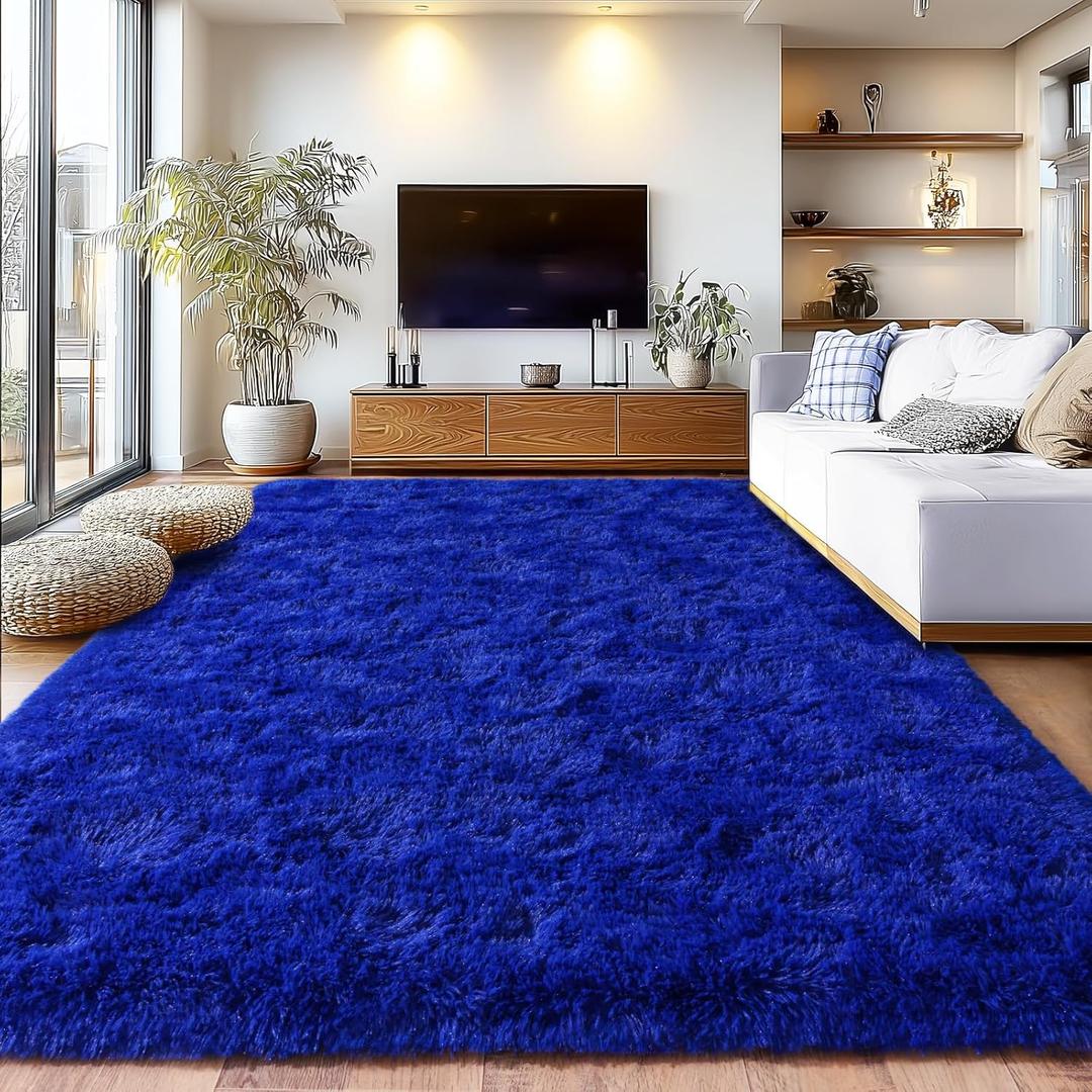 Large Fuzzy Rug 8x10 Feet Blue Fluffy Rug for Living Room, Big Plush Non-Skid Shag Carpet, Soft Shaggy Rugs for Bedroom Indoor Modern Home Decor