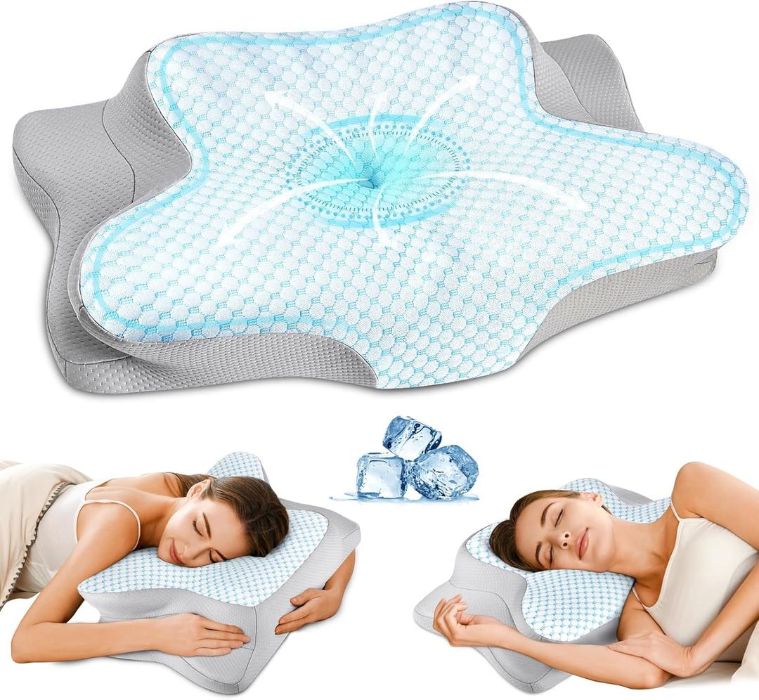 Cervical Pillow for Neck Pain Relief - Ergonomic Pillow for Sleeping Side Sleeper Pillow for Adults, Contour Neck Pillow Cooling Memory Foam Pillows, Orthopedic Bed Pillow for Back Stomach Sleepers (Blue + Grey)
