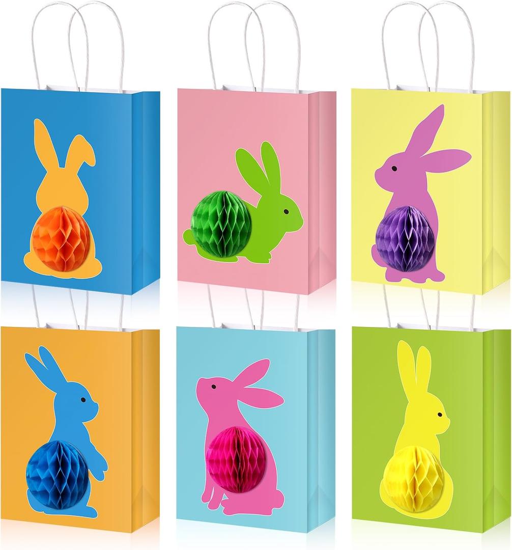 Blosssound 18 Sets Easter Gift Bags with Handles Bulk Bunny Birthday Color Treat Candy Goodie Snack Party Favor Bag with Honeycomb Ball for Easter Egg Hunt Gift Wrapping Party Supplies