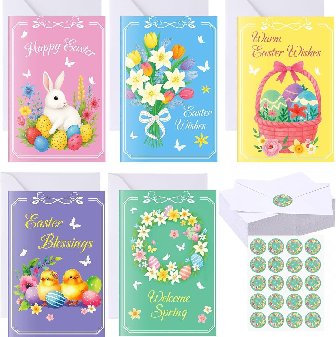 Motiskyy 50 Pack Spring Cards with Envelopes and Stickers, 4x6 inch Spring Bunny Egg Floral Greeting Cards Bulk, 5 Assorted Designs Blank Notecards for Classroom Exchange, Springs Wishes