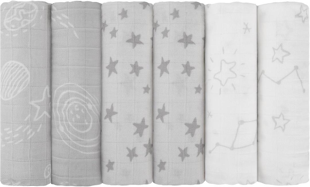 Maliton Muslin Swaddle Blankets for Newborn, 6-Pack Breathable Receiving Blanket (27" x 27") Soft Baby Blankets for Girls and Boys, Baby Burp Cloth with 3-Layer Cotton Design for Infant Wrap(Universe)