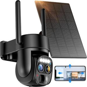 Hawkray Pannel Solar Wireless Outdoor Security Camera Dual-Lens, 10xZoom, 2K Resolution 3MP 360Pan/Tilt2.4&5G WiFi Battery Powered Camera with Spotlight Alarm PIR Motion Detection (Solid Black)