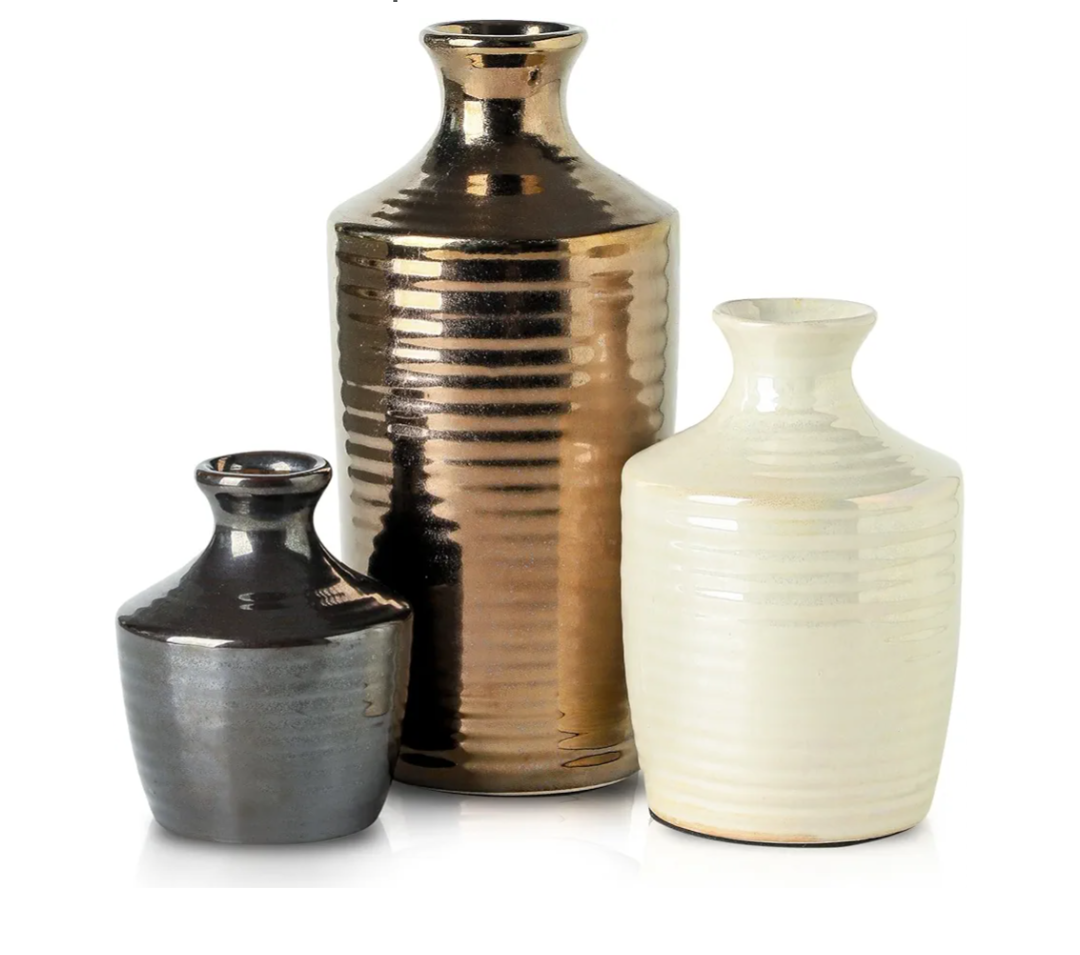 Set of 3 Ceramic Vases for Home Decor - Metallic Color Modern Handcrafted Flower Vases for Living Room, Kitchen, Bedroom, Bathroom and Office - Decorative Vase - Table Centerpieces for Home Decor