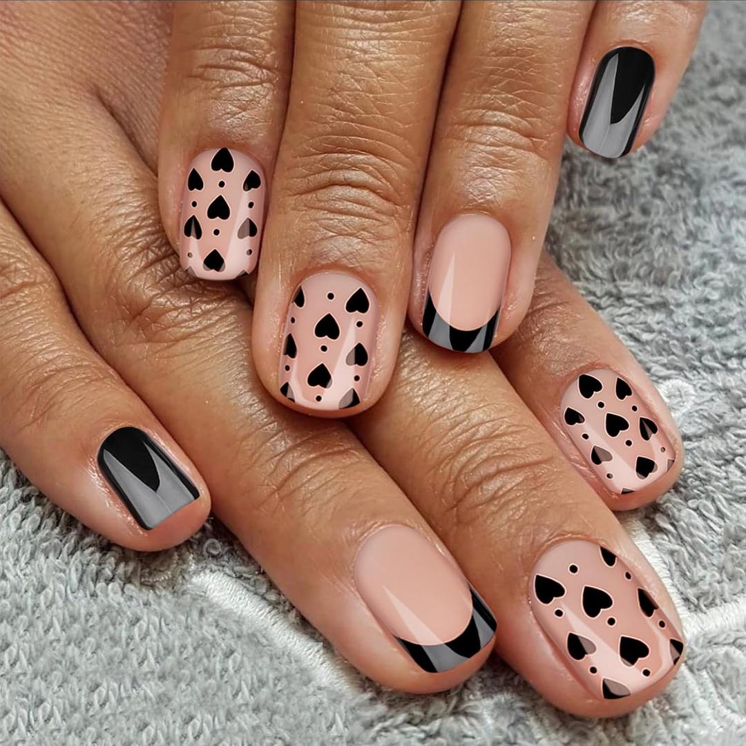 7 x French Tip Press on Nails, Short Square Medium Fake Nails with Nail Glue, Reusable Soft Gel Stick On Nails for Women Girls Gift, 24PC Cute Heart Pattern Glue On Nails Kit