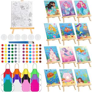 Ireer 12 Set Kids Paint Party Set Sip and Paint Kit Include 12 Printed Pre Drawn Canvas, Easels, Palettes, Apron 36 Brushes for DIY Art Back to School Party Birthday (Mermaid)