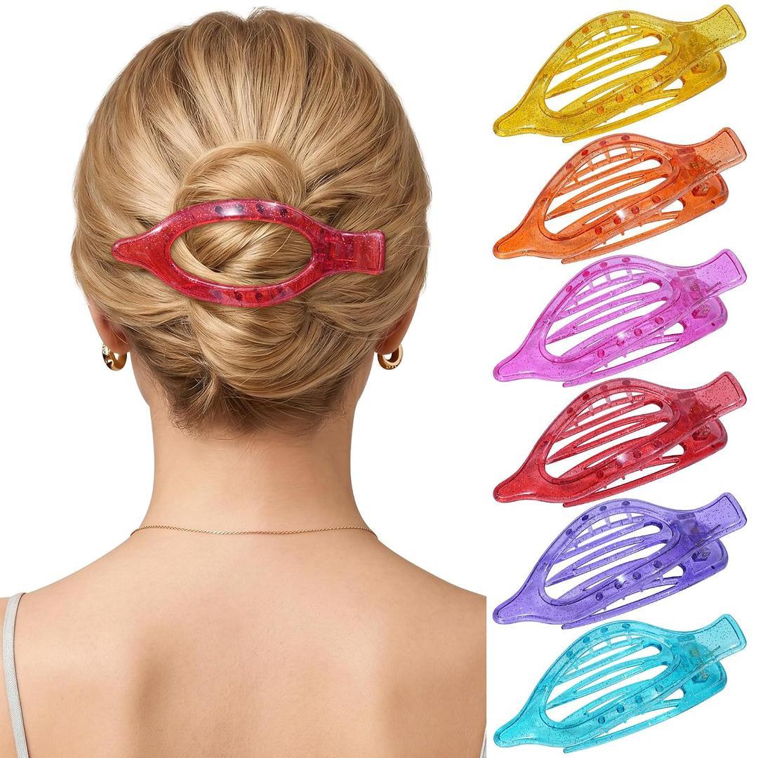 French Flat Hair Clips for Women - 6Pcs Flat Hair Claws for Thin Thick Hair Strong Hold No Slip Grip Hair Claw Clips for Women Girls (Sequins (L:4.6 IN, W:1.97IN))