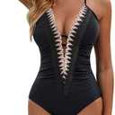BMJL Women's Sexy One Piece Swimsuit Ruched Tummy Control Bathing Suit Plunge Color Block Swimwear, L