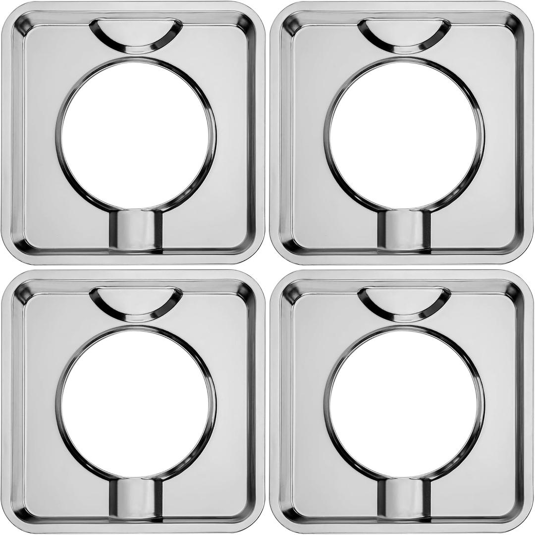 Upgrade SGP-400 Heavy Duty Square Gas Range Drip Pans 7.75" Silver Chrome Square Gas Range Drip Pans Replacement for WP786333, AP6011553, PS11744751-4 Pack, Silver
