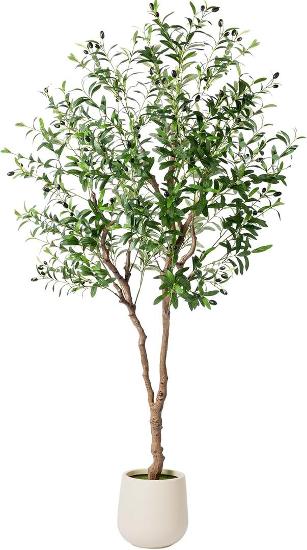 6FT Faux Olive Tree with Decorative Planter, Olive Trees Artificial Indoor with Textured Trunk, Silk Leaves and Olive Fruits, Fake Plants for Living Room, Entryway and Office Decor