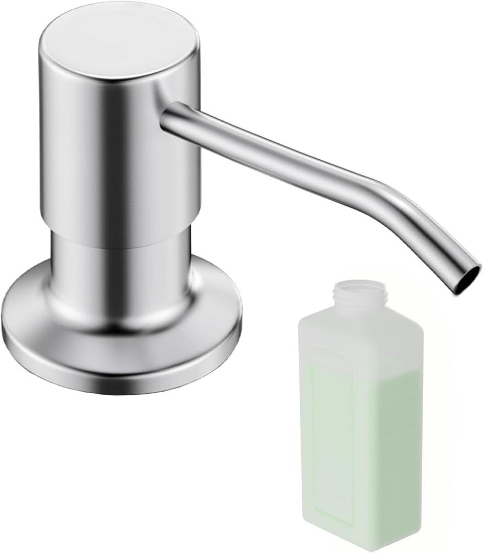 Built in Soap Dispenser for Kitchen Sink, Brushed Nickel Stainless Steel Countertop Pump Head (Plastic Built-in), Dish Soap Hand Lotion Dispenser with Refillable 17OZ Bottle (Brushed Nickel)