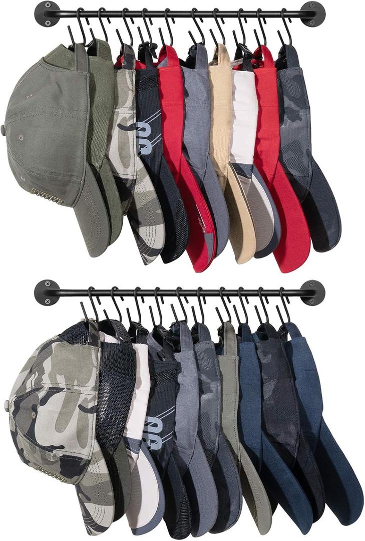 Mkono Hat Rack for Wall Baseball Cap Organizer Hanger with 20 Hooks Modern Metal Hat Holder Wall-Mounted Caps Display for Closet Door Bedroom Entryroom Laundry, Set of 2 Black