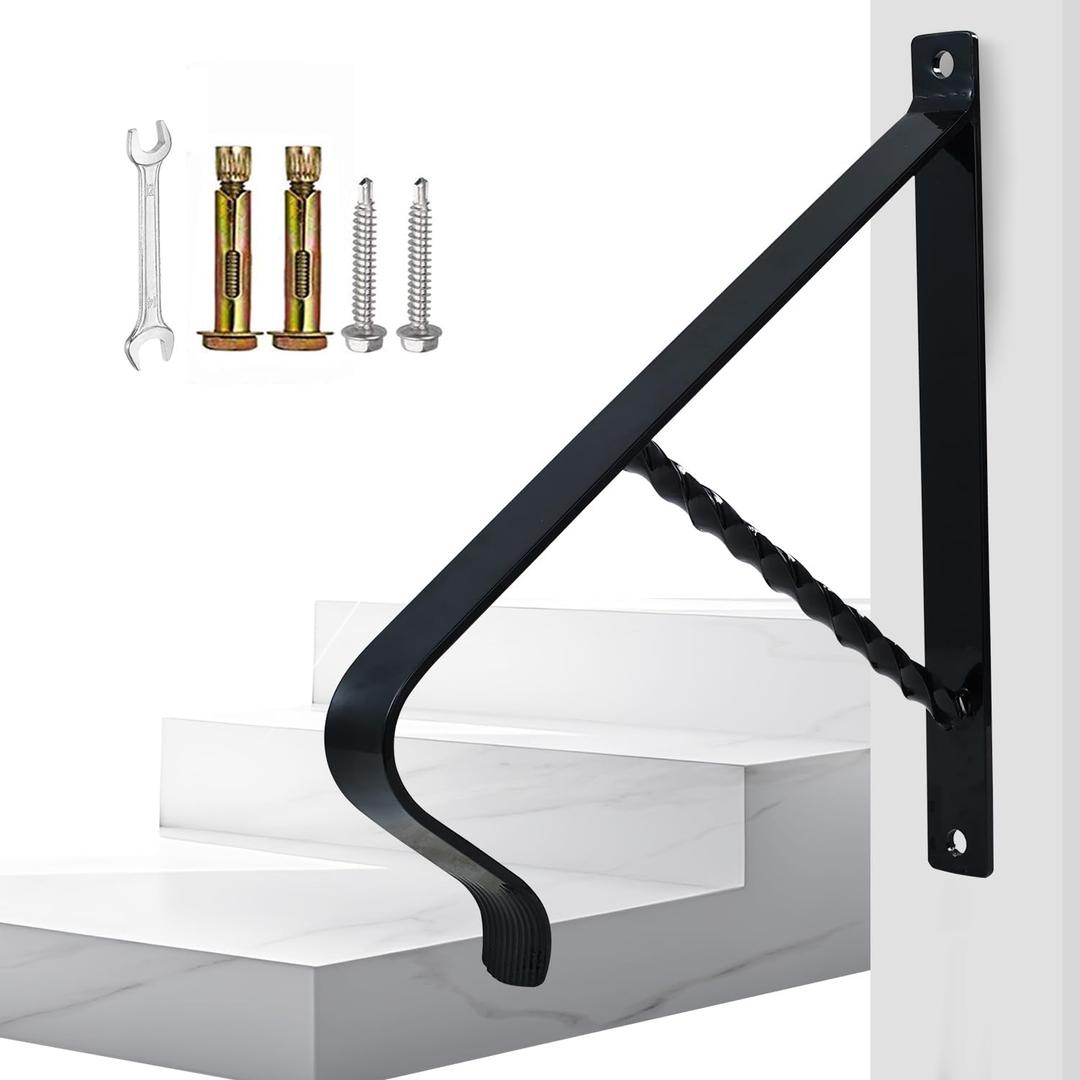 Yahpetes Hand Rails 1-2 Steps Porch Handrails Wrought Iron Handrail Grab Rail Single Post Railing 19.7"X 15.7" Black Stair Railing Bracket Metal Art Wall Mount Rail for Outdoor Step
