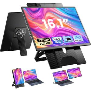 Laptop Screen Extender 16.1", 1200P FHD, Portable Monitor 360 Rotating Detachable Stand, Height Adjustable Monitor Extender for Laptop 13-17.5", Plug-Play for Tablet, PC, Phone, etc
