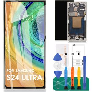 OLED LCD Screen for Samsung Galaxy S24 Ultra 5G LCD S928 Display for SM-S928U LCD Display Touch Screen Digitizer Assembly Repair Parts with Tools (With Frame,Grey,larger Display Area)