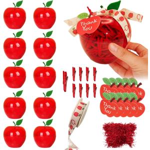 10 Sets Large Plastic Apple Containers for Teacher Appreciation Gifts Red Apple Shaped Candy Jar with Thank You Cards, Apple Ribbon Raffia for Teacher Appreciation Week & Graduation Party Decoration
