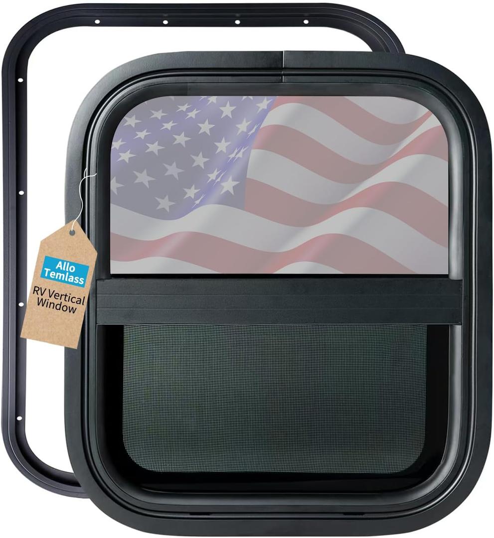 Vertical RV Window 14" W x 16" H, Replacement Camper Window, Sliding Teardrop Window with Net Screen and Trim Rings, RV Windows for Cargo Trailer, DOT Certification Qualified