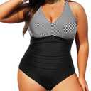 Aqua Eve Women Plus Size One Piece Swimsuits V Neck Tummy Control Bathing Suits Retro Ruched Swimwear Size 20W